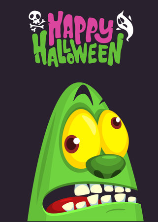 Cartoon funny green zombie character design with scary face expression and pink brains out. Halloween vector illustration isolated on white. Party invitation, package design.のイラスト素材