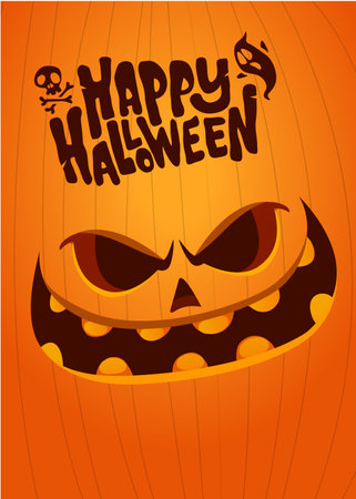 Halloween pumpkin head with scary face expression. Vector cartoon illustration of glowing jack-o-lantern monster scarecrow character design with carved smiling emotion isolated.のイラスト素材