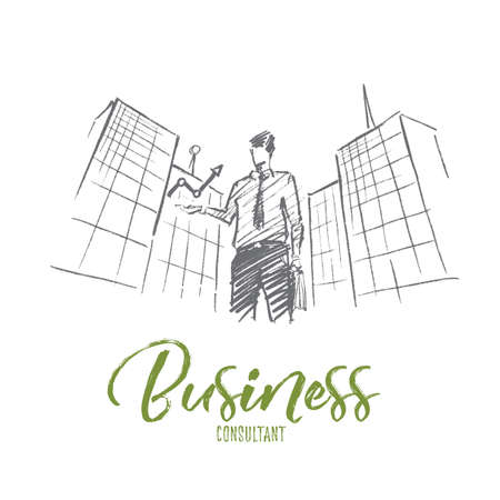 Vector hand drawn business concept sketch. Businessman standing on background of office building and holding indicator meaning progress and positive dynamics in business. Lettering Business conceptのイラスト素材