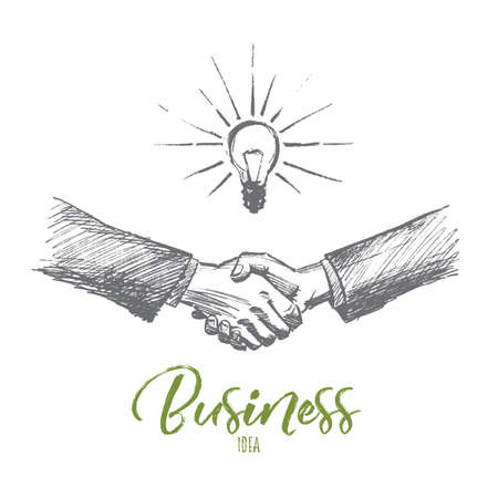 Vector hand drawn business idea sketch. Handshaking of two businessmen meaning successful meeting or deal. Lettering Business ideaのイラスト素材