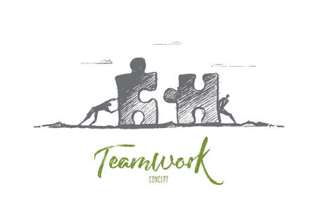Vector hand drawn team concept sketch. Two men moving puzzle pieces towards each other to assemble it. Lettering Teamwork conceptのイラスト素材