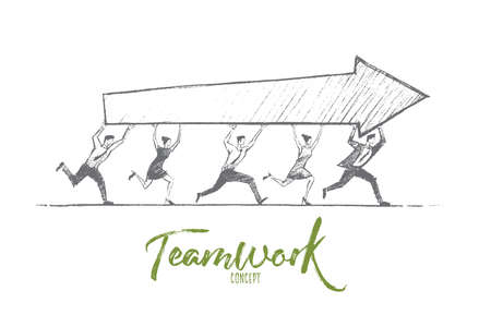 Vector hand drawn teamwork concept sketch. Team of five people running together and carrying indicator of success in common business. Lettering Teamwork conceptのイラスト素材