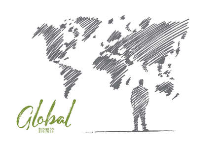 Vector hand drawn global business concept sketch. Business man standing backwards in front of big world map on wall. Lettering Global businessのイラスト素材