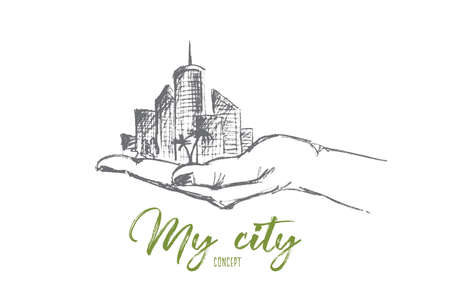 Vector hand drawn my city concept sketch. Part of big city with skyscrapers and trees in human hand. Lettering My city conceptのイラスト素材