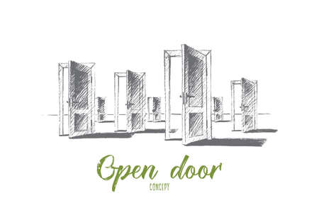 Vector hand drawn open doors concept sketch. Many open doors meaning problem of right choice and new opportunities. Lettering Open door conceptのイラスト素材