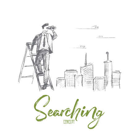 Vector hand drawn searching concept sketch. Businessman standing on stepladder and looking through binoculars with big city at background. Lettering Searching conceptのイラスト素材