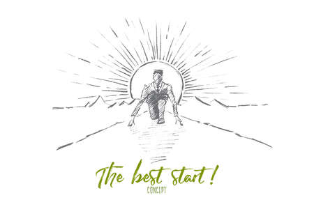 Vector hand drawn the best start concept sketch. Business man sitting on his haunches on road and preparing to start running. Lettering The best start conceptのイラスト素材