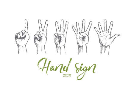 Vector hand drawn hand sign concept sketch. Human fingers showing numbers from one to five. Lettering Hand sign conceptのイラスト素材
