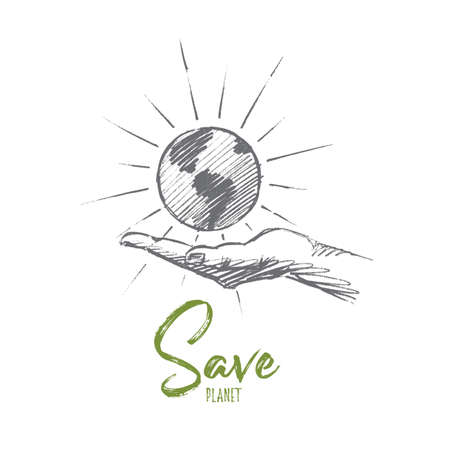 Vector hand drawn Save planet concept sketch. Little shining globe in caring human hand. Lettering Save planetのイラスト素材