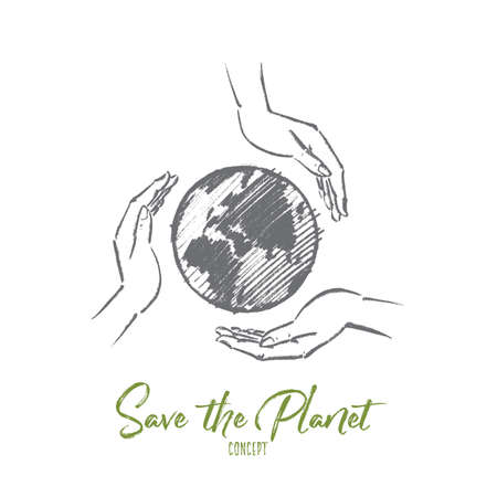 hand drawn Save the planet concept sketch. Small globe between three human palms meaning care and love. Lettering Save the Planet conceptのイラスト素材