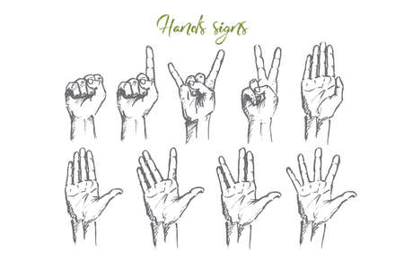hand drawn Hand signs concept sketch. Set of human palms with different gestures meaning different signs. Lettering Hands signsのイラスト素材