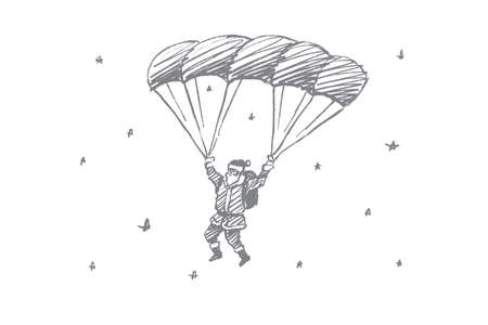 Vector hand drawn Santa Claus concept sketch. Santa Claus flying down on parachute in the air full...