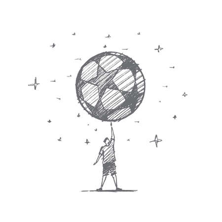 Vector hand drawn Football time concept sketch. Football player standing and holding huge soccer ball on raised handのイラスト素材