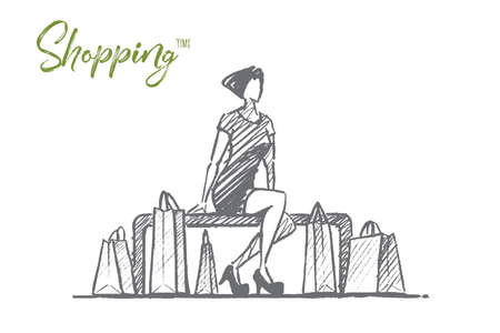 Vector hand drawn Shopping time concept sketch. Stylish woman in dress sitting on banch with shopping bags. Lettering Shopping timeのイラスト素材