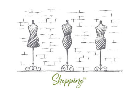 Vector hand drawn Shopping time concept sketch. Female body vintage mannequins in fashion store. Lettering Shopping time conceptのイラスト素材