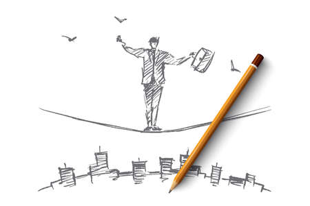 Vector hand drawn business concept sketch and pencil over it. Bisinessman standing and balancing on rope over big cityのイラスト素材