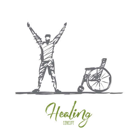 Vector hand drawn healing concept sketch. Happy man standing under the Sun and holding needless crutches on raised hands. Lettering Healing conceptのイラスト素材