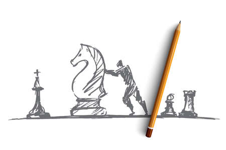 hand drawn chess people concept sketch with pencil over it. Man trying to move huge chess knightのイラスト素材
