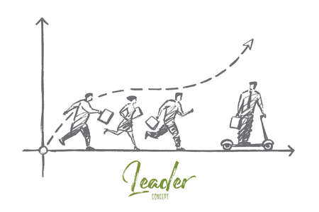 hand drawn Leader concept sketch. Business man riding skateboard and going from running people behind. Lettering Leader conceptのイラスト素材