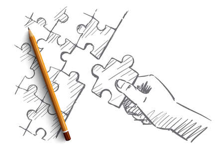 hand drawn puzzle hand concept sketch with pencil over it. Human hand completing whole puzzle with last pieceのイラスト素材