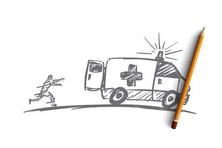 Vector hand drawn ambulance concept sketch with pencil over it. Man running towards ambulance car and trying to catch up itのイラスト素材