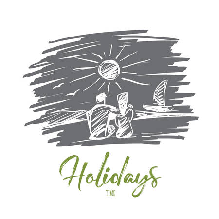 Vector hand drawn Holidays time concept sketch. Couple sitting at beach near sea, looking at yacht and enjoying holidays, rear view. Lettering Holidays timeのイラスト素材