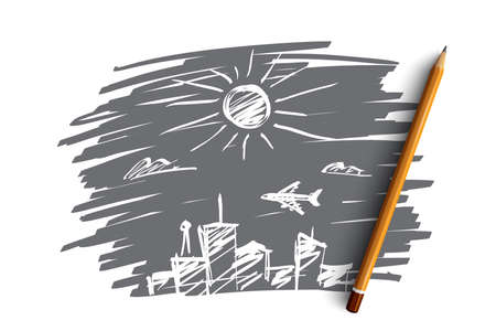 Vector hand drawn city concept sketch with pencil over it. Big city concept with skyscrapers and flying plane over cityのイラスト素材