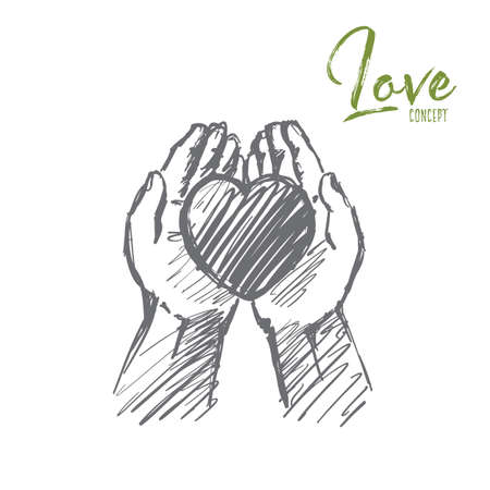 Vector hand drawn love concept sketch. Heart in caring human palms. Lettering Love conceptのイラスト素材