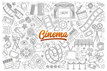 Hand drawn set of cinema doodles with orange lettering in vectorのイラスト素材