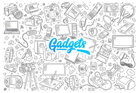 Hand drawn set of gadgets doodles with blue lettering in vectorのイラスト素材