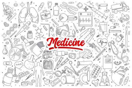 Hand drawn set of medicine doodles with red lettering in vectorのイラスト素材