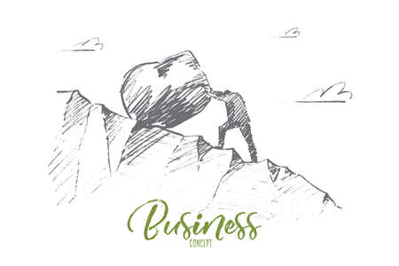 Vector hand drawn business concept sketch. Bisinessman rolling huge boulder up the hill. Lettering Business conceptのイラスト素材