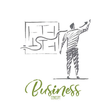 Vector hand drawn business concept sketch. Bisinessman standing backwards and drawing indicator of sustainable development through business maze. Lettering Business conceptのイラスト素材