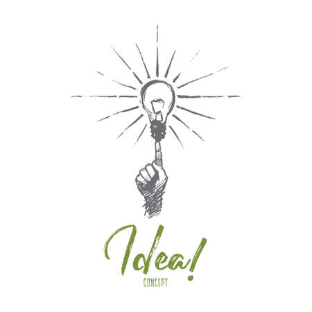 Vector hand drawn Idea concept sketch. Human finger pointing at bright light bulb meaning getting great idea. Lettering Idea conceptのイラスト素材