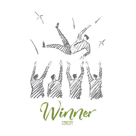 Vector hand drawn Winner concept sketch. Business people greeting and throwing up their leader on raised hands. Lettering Winner conceptのイラスト素材