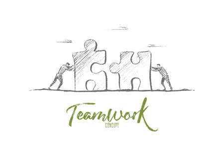 Vector hand drawn teamwork concept sketch. Bisiness people pushing huge pieces of one puzzle towards each other. Lettering Teamwork conceptのイラスト素材