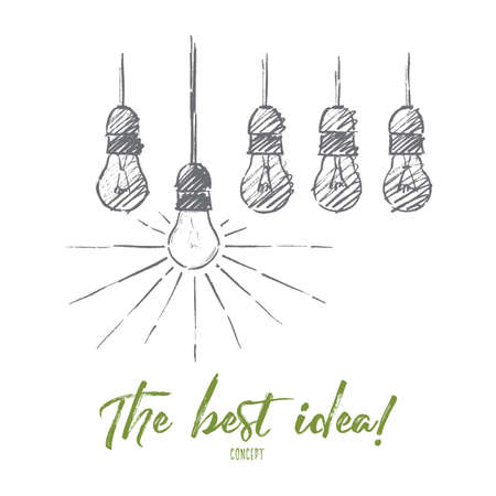 Vector hand drawn The best idea concept sketch. Five light bulbs hanging from ceiling on wires and only one shining. Lettering The best idea conceptのイラスト素材