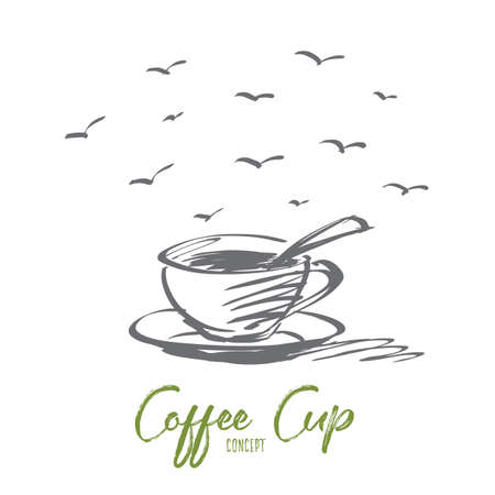 Vector hand drawn concept sketch of fragrant full coffee cup with spoon insideのイラスト素材