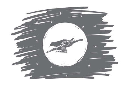 Vector hand drawn hero concept sketch with hero in traditional superman clothing flying in the sky in front of the Moonのイラスト素材