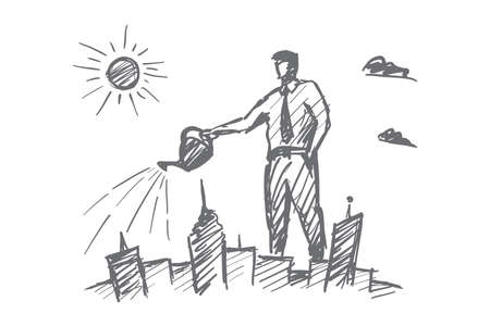 Vector hand drawn I love my city concept sketch with businessman standing and watering city from above with canのイラスト素材