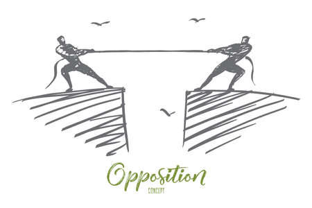 Vector hand drawn opposition concept sketch with two men dragging rope to different sides from opposite rock edgesのイラスト素材