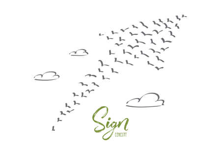 Vector hand drawn sign concept sketch with arrow up meaning growth and progress formed by flock of flying birdsのイラスト素材