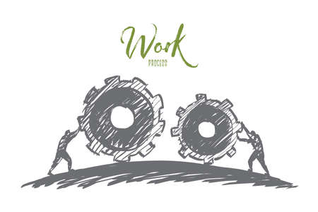 Vector hand drawn work concept sketch with people pulling huge cogwheels towards each other with letteringのイラスト素材