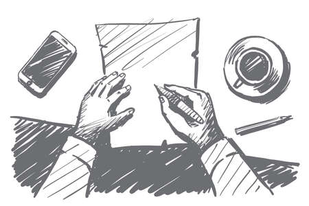 Vector hand drawn work time concept sketch with businessman hands above desktop making notes on paper notebookのイラスト素材