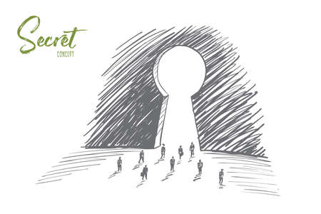 Vector hand drawn secret concept sketch with business people going towards huge keyhole and letteringのイラスト素材