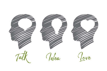 Vector hand drawn concept sketch with three human heads and symbols of talk, idea and love inside of themのイラスト素材