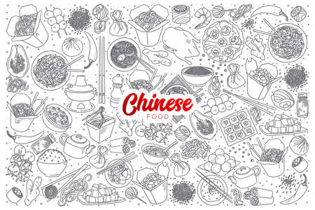 Hand drawn set of chinese food doodles with red lettering in vectorのイラスト素材