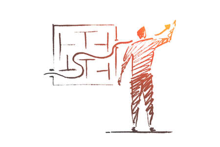 A Vector hand drawn business concept sketch. Businessman standing backwards and drawing indicator of sustainable development through business maze.のイラスト素材