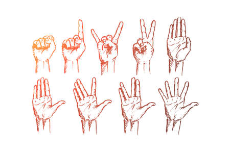 Vector hand drawn Hand signs concept sketch. Set of human palms with different gestures meaning different signs.のイラスト素材