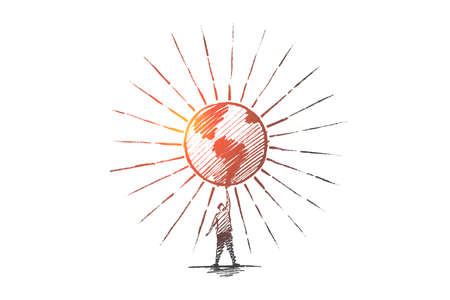 Vector hand drawn sketch Man standing and holding big shining globe on raised hand.のイラスト素材